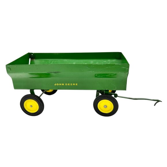 Vintage John Deere Toy Wagon Trailer with Hitch Green Metal Yellow Wheels - Picture 1 of 13